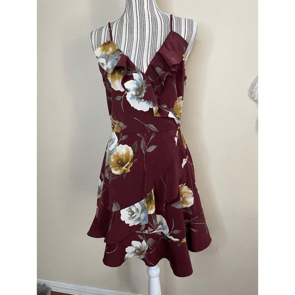 Mine Boutique Ruffle Surplice Cinnamon Rust Floral Wrap Mini Dress Size L - Picture 2 of 11